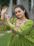 Gorgeous Green Rayon Gamthi Work Navratri Wear Layered Gown