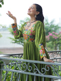 Gorgeous Green Rayon Gamthi Work Navratri Wear Layered Gown
