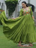 Gorgeous Green Rayon Gamthi Work Navratri Wear Layered Gown