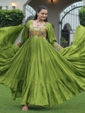 Gorgeous Green Rayon Gamthi Work Navratri Wear Layered Gown