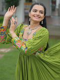 Gorgeous Green Rayon Gamthi Work Navratri Wear Layered Gown