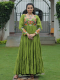 Gorgeous Green Rayon Gamthi Work Navratri Wear Layered Gown