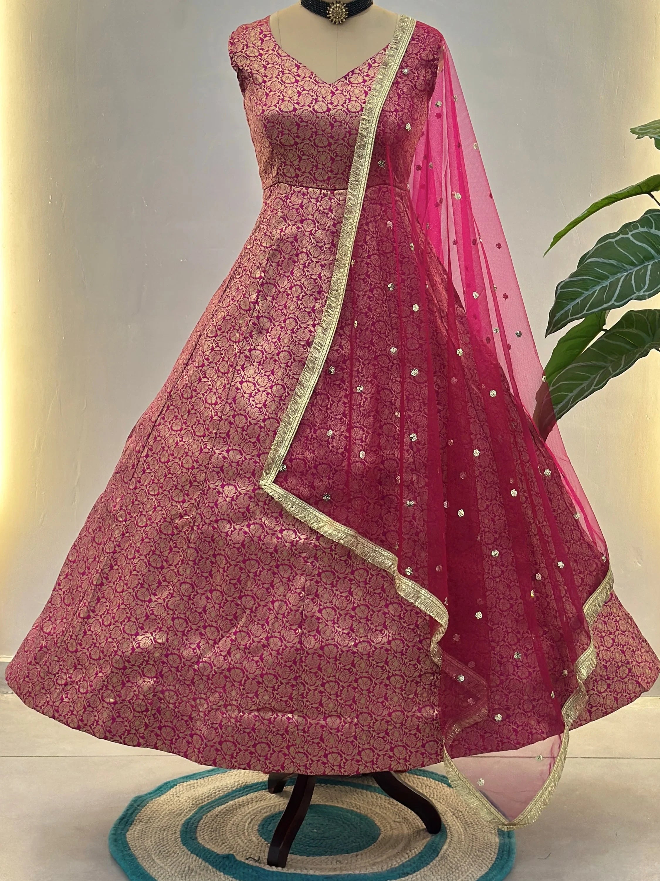 Sparkling Pink Zari Weaving Jacquard Festival Wear Gown With Dupatta