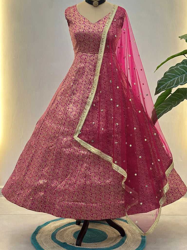 Sparkling Pink Zari Weaving Jacquard Festival Wear Gown With Dupatta