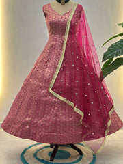 Sparkling Pink Zari Weaving Jacquard Festival Wear Gown With Dupatta