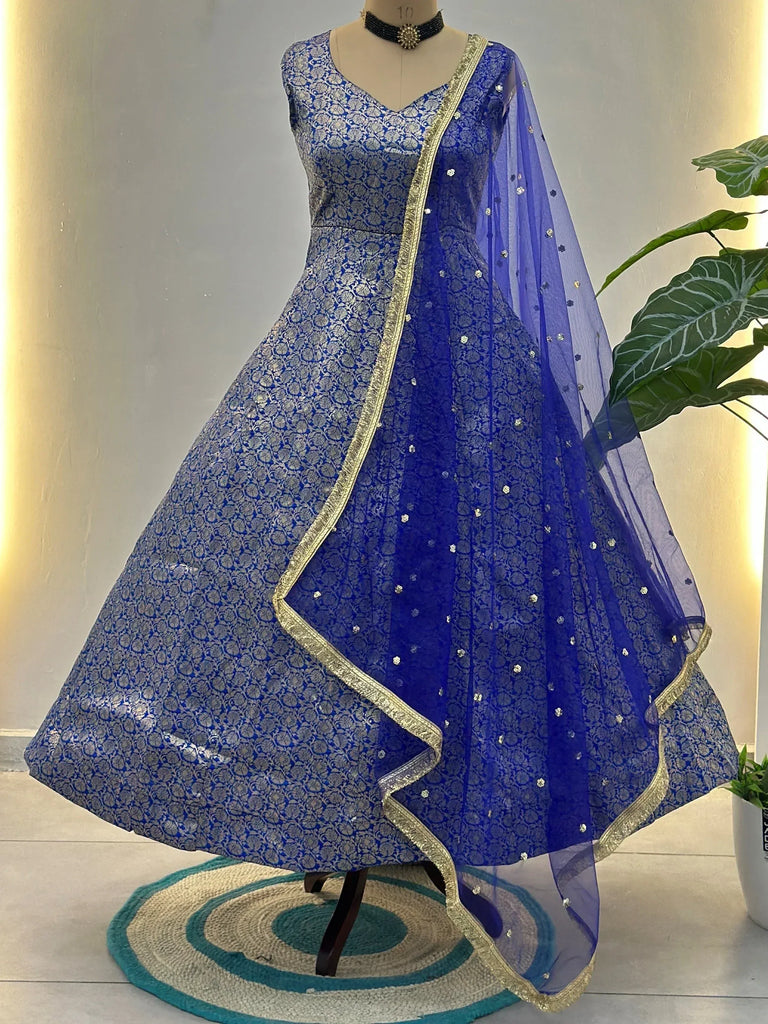Glowing Blue Zari Weaving Jacquard Function Wear Gown With Dupatta