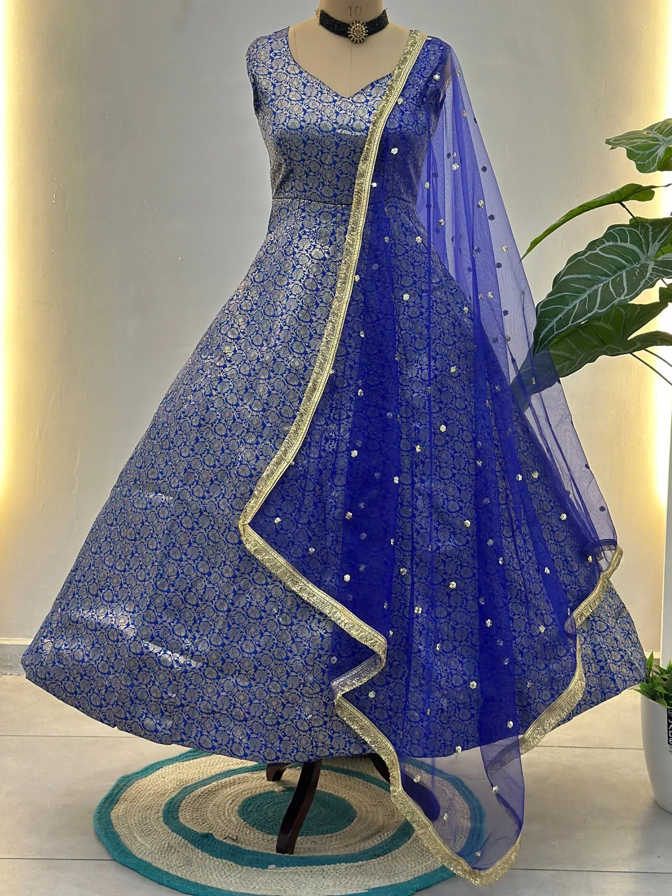 Glowing Blue Zari Weaving Jacquard Function Wear Gown With Dupatta