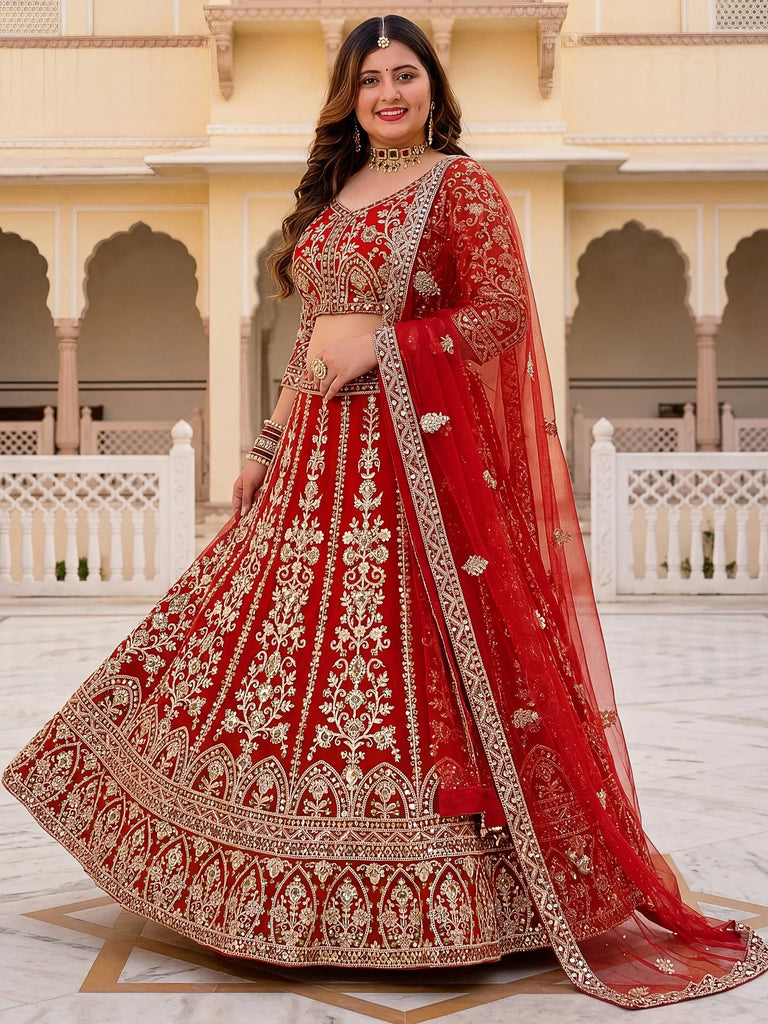 Majestic Red Embroidered Net Wedding Wear Plus Size Lehenga Choli
