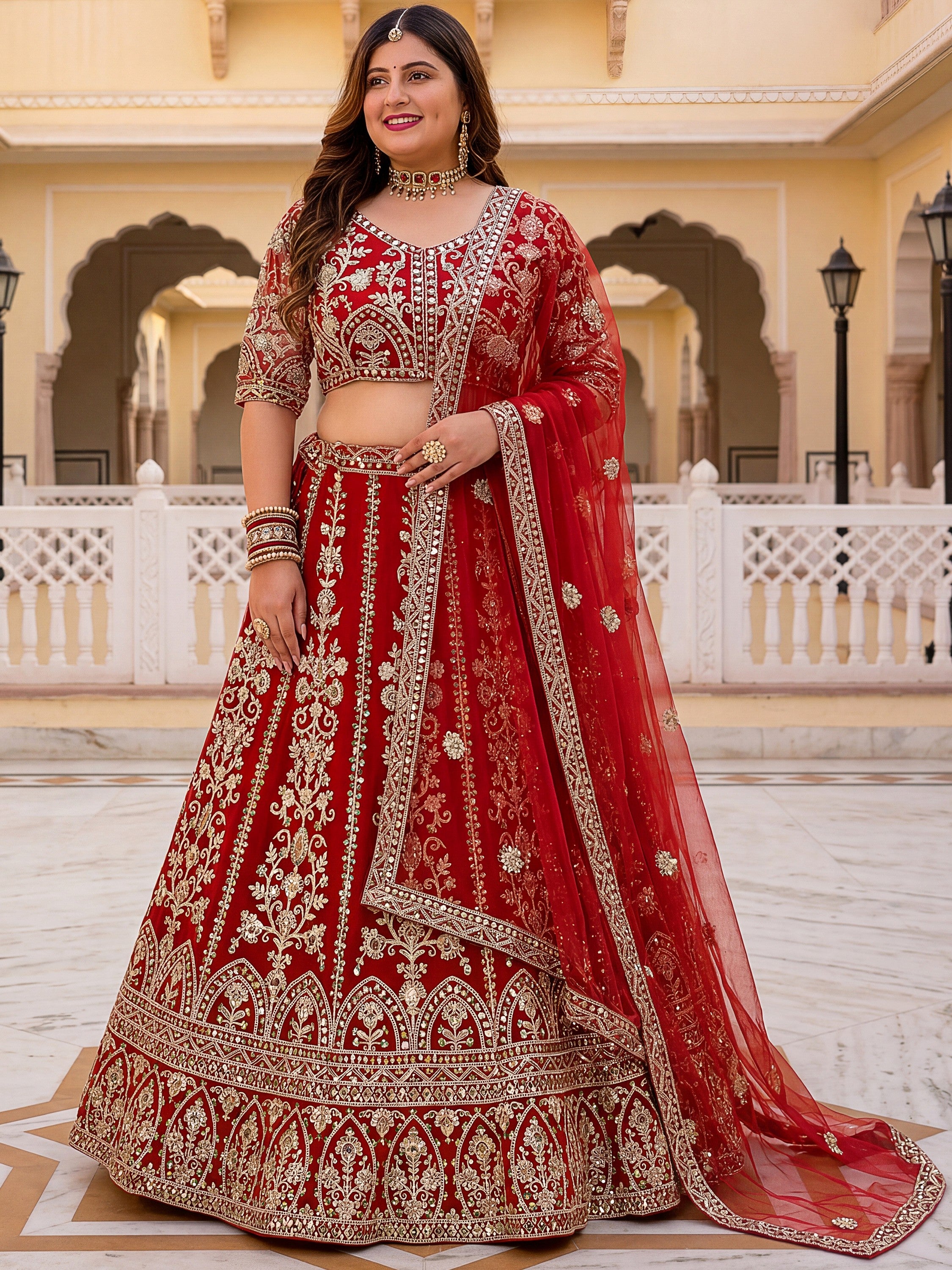 Majestic Red Embroidered Net Wedding Wear Plus Size Lehenga Choli