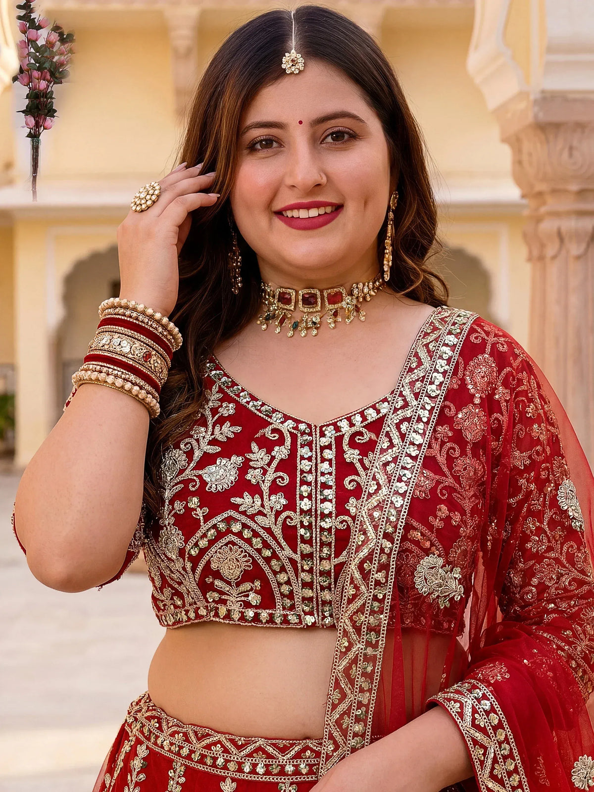 Majestic Red Embroidered Net Wedding Wear Plus Size Lehenga Choli