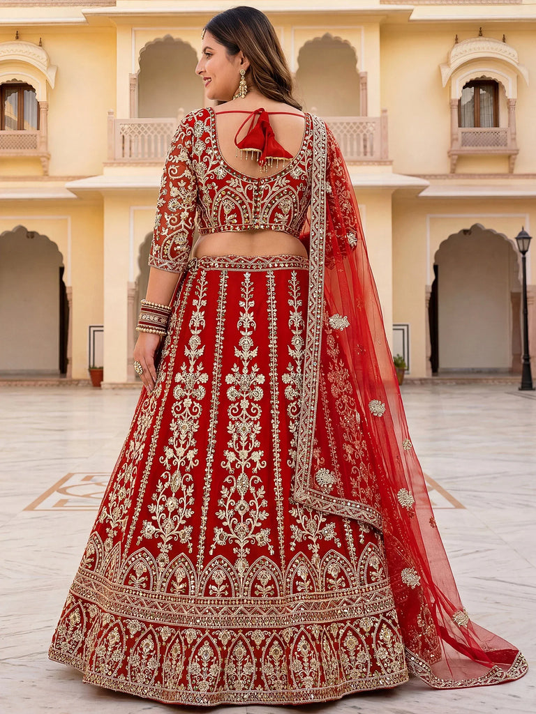 Majestic Red Embroidered Net Wedding Wear Plus Size Lehenga Choli