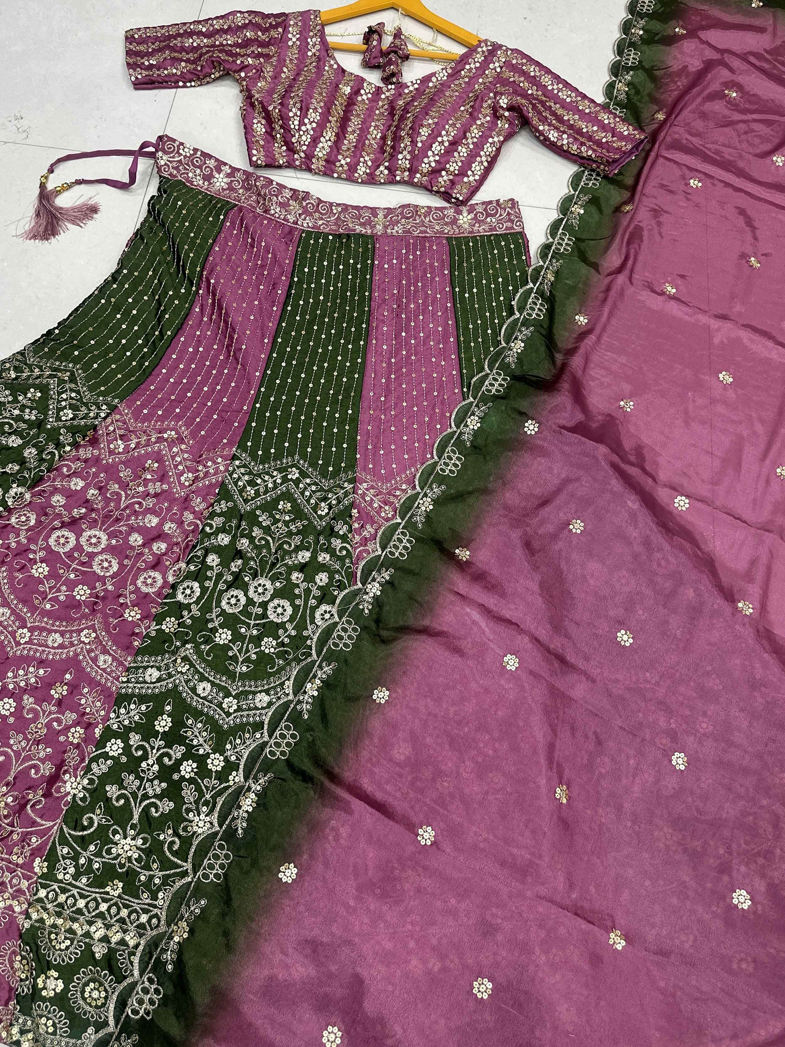 Lovely Green And Purple Embroidered Chinon Festive Wear Lehenga Choli