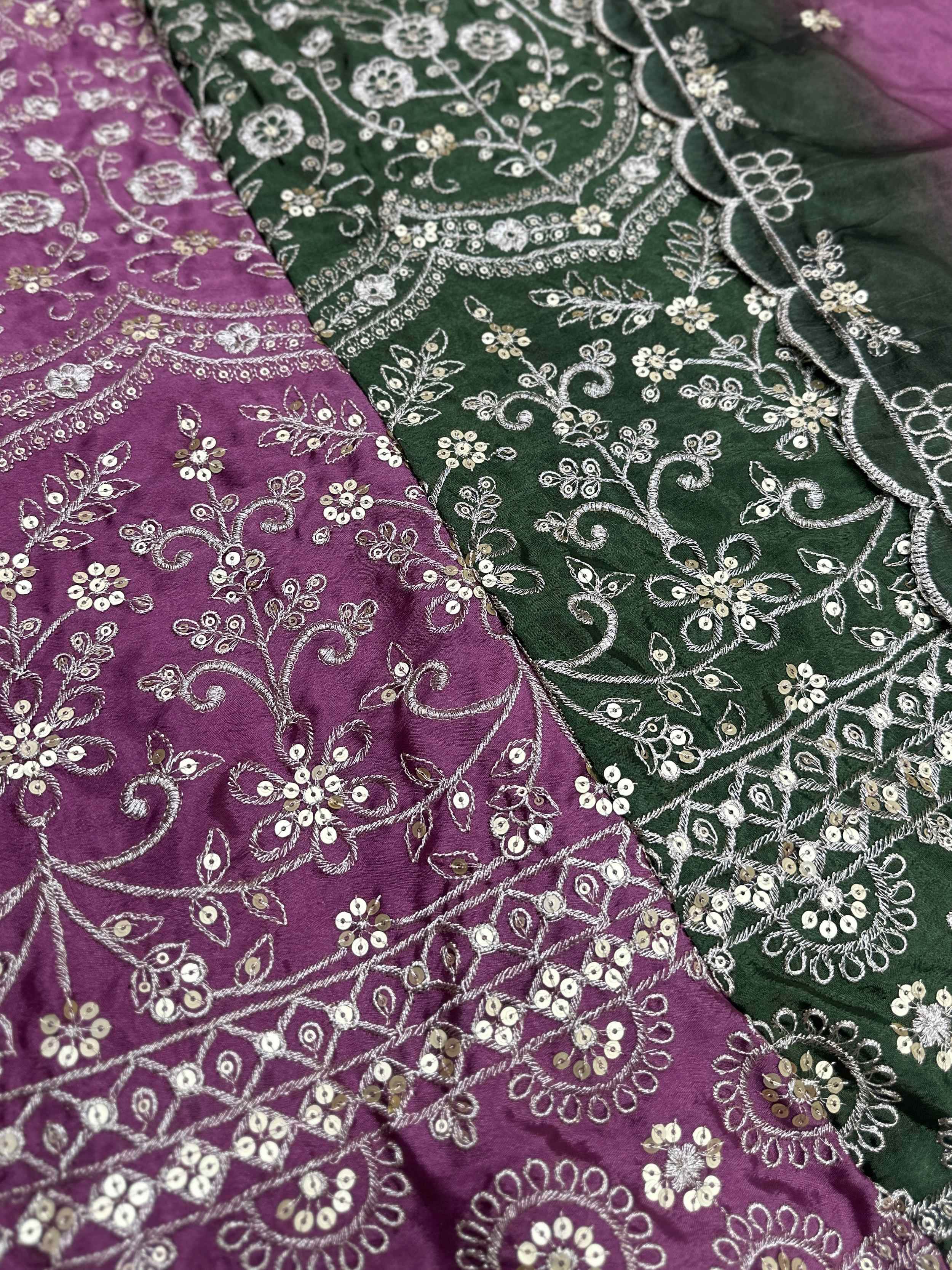 Lovely Green And Purple Embroidered Chinon Festive Wear Lehenga Choli