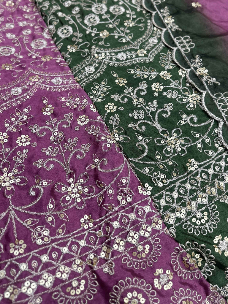 Lovely Green And Purple Embroidered Chinon Festive Wear Lehenga Choli