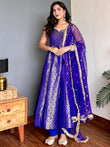 Glowing Blue Zari Weaving Jacquard Function Wear Gown With Dupatta