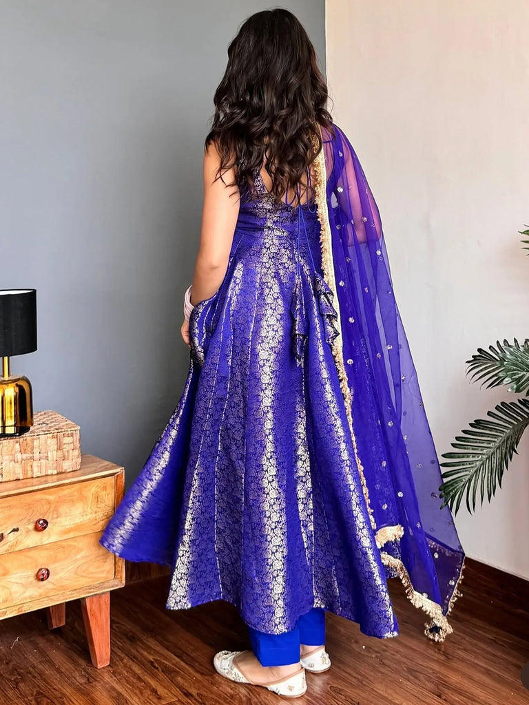 Glowing Blue Zari Weaving Jacquard Function Wear Gown With Dupatta