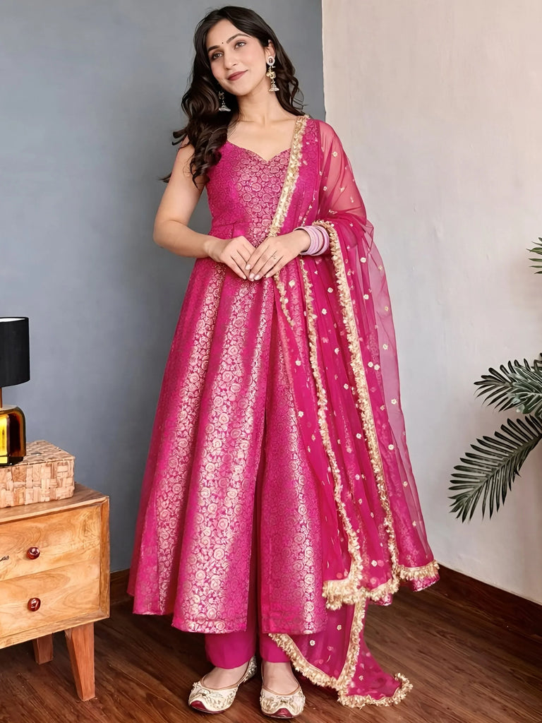 Sparkling Pink Zari Weaving Jacquard Festival Wear Gown With Dupatta
