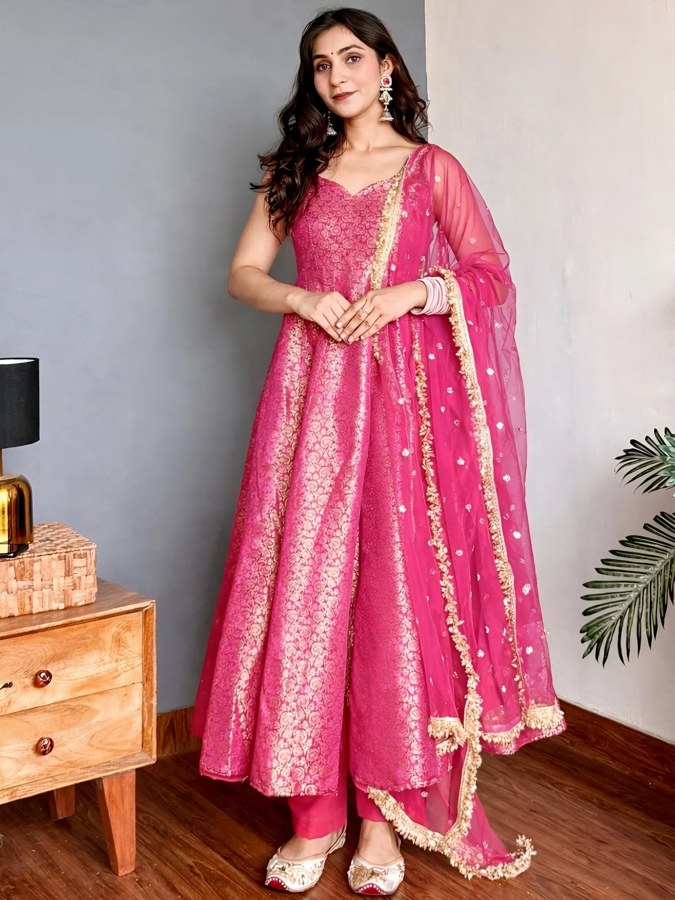 Sparkling Pink Zari Weaving Jacquard Festival Wear Gown With Dupatta