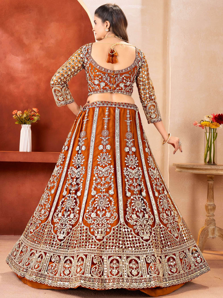 Fabulous Orange Embroidered Net Reception Wear Lehenga Choli