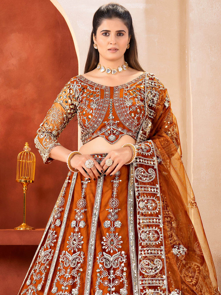 Fabulous Orange Embroidered Net Reception Wear Lehenga Choli