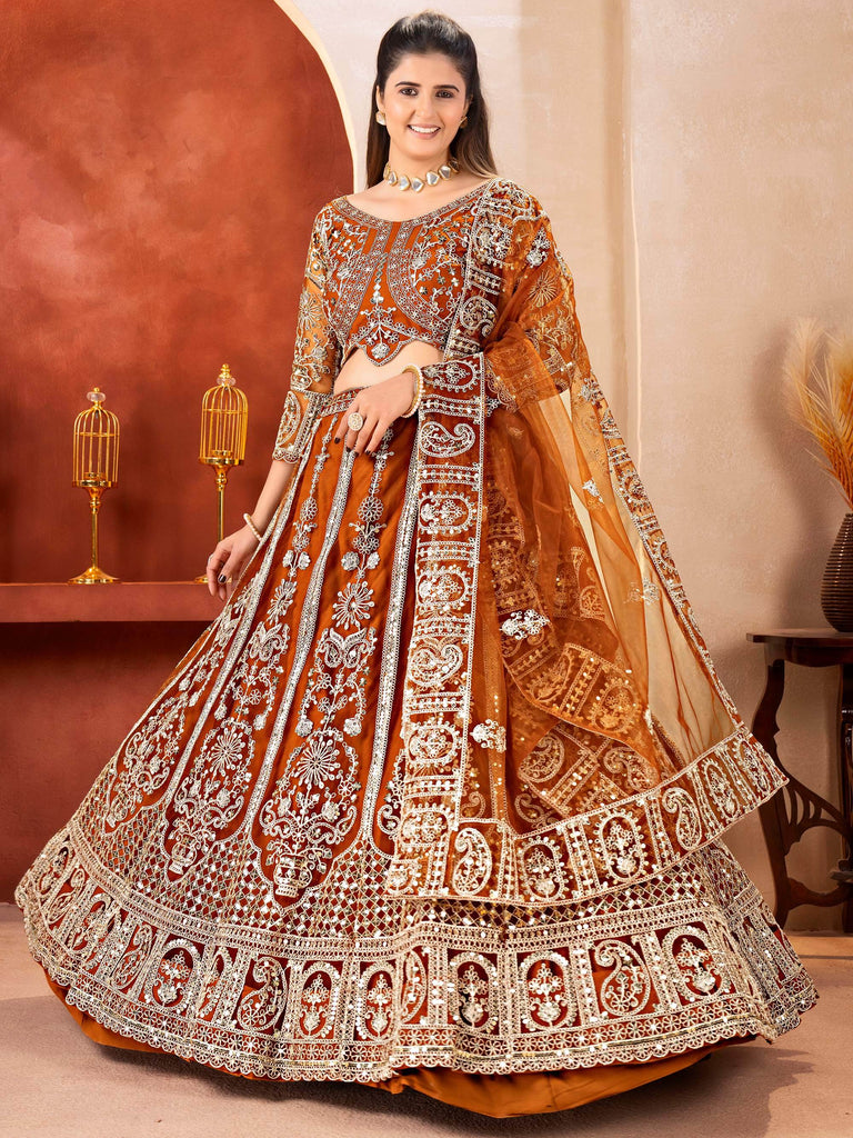 Fabulous Orange Embroidered Net Reception Wear Lehenga Choli