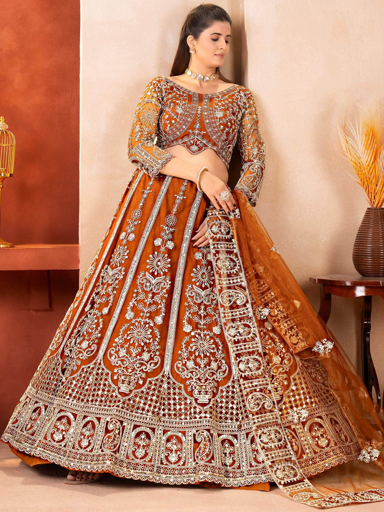 Fabulous Orange Embroidered Net Reception Wear Lehenga Choli