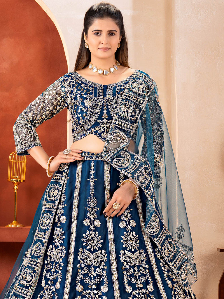Adorable Teal Blue Embroidered Net Party Wear Lehenga Choli
