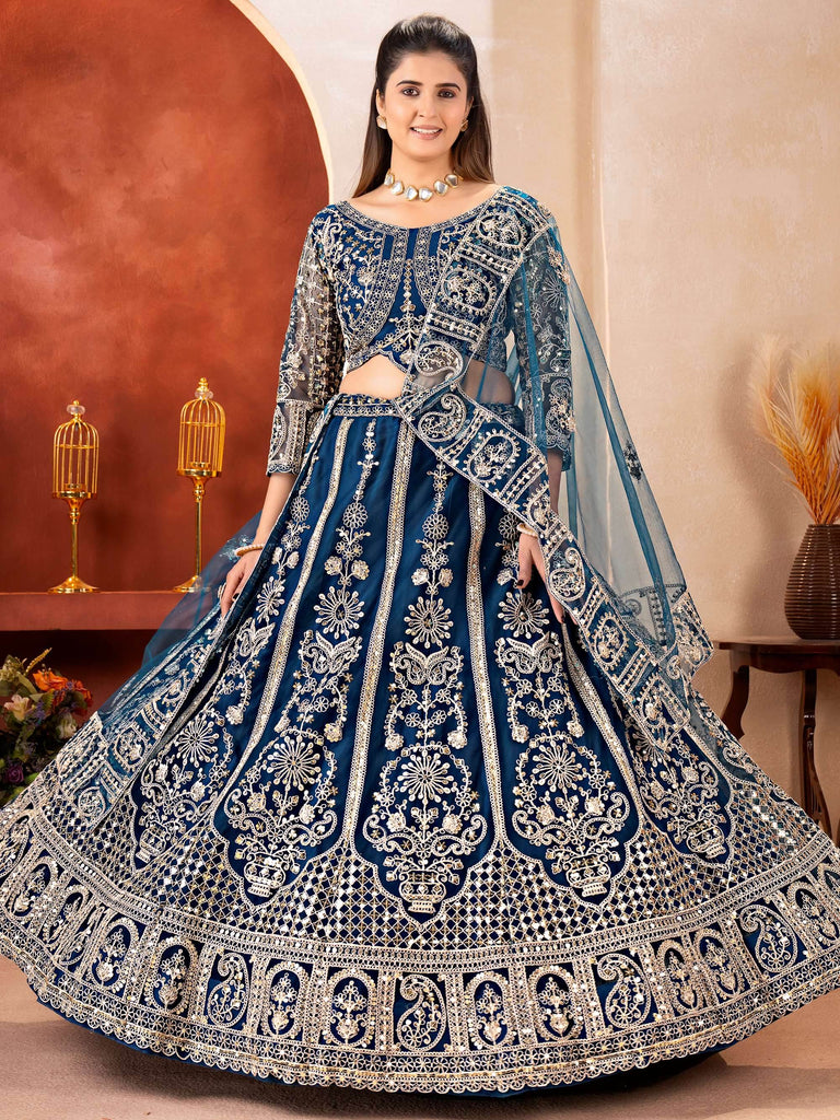 Adorable Teal Blue Embroidered Net Party Wear Lehenga Choli