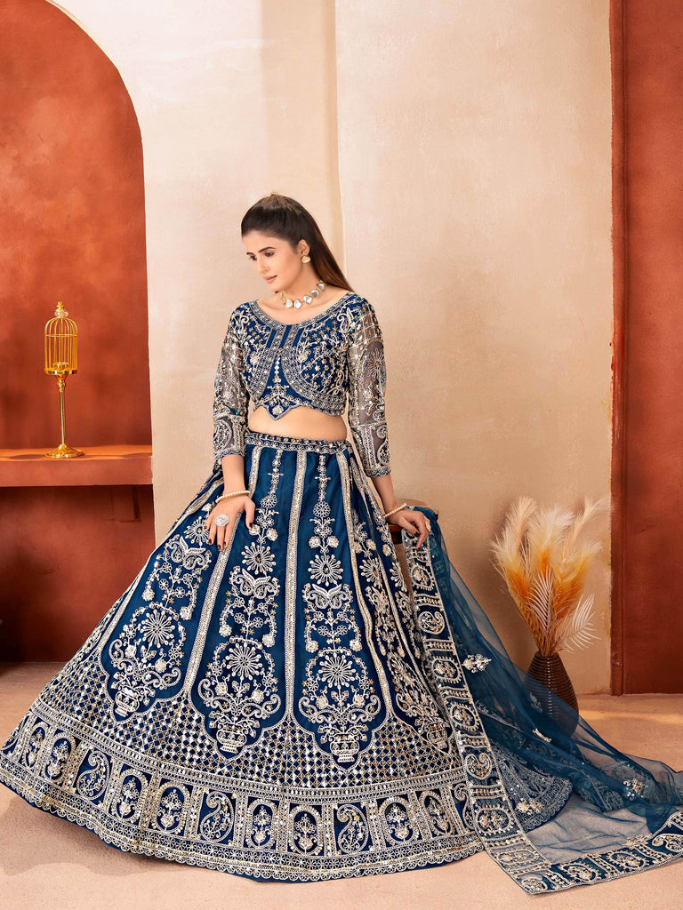 Adorable Teal Blue Embroidered Net Party Wear Lehenga Choli