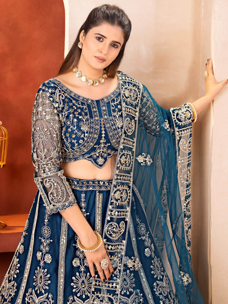 Adorable Teal Blue Embroidered Net Party Wear Lehenga Choli