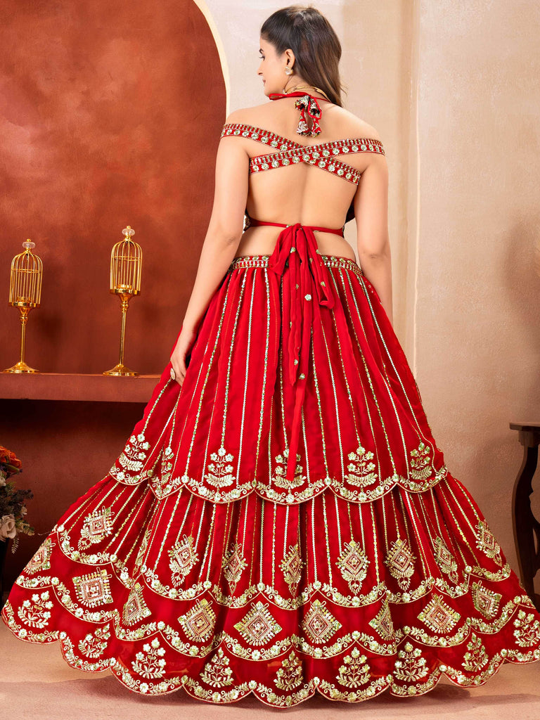 Awesome Red Embroidered Georgette Wedding Wear Lehenga Choli