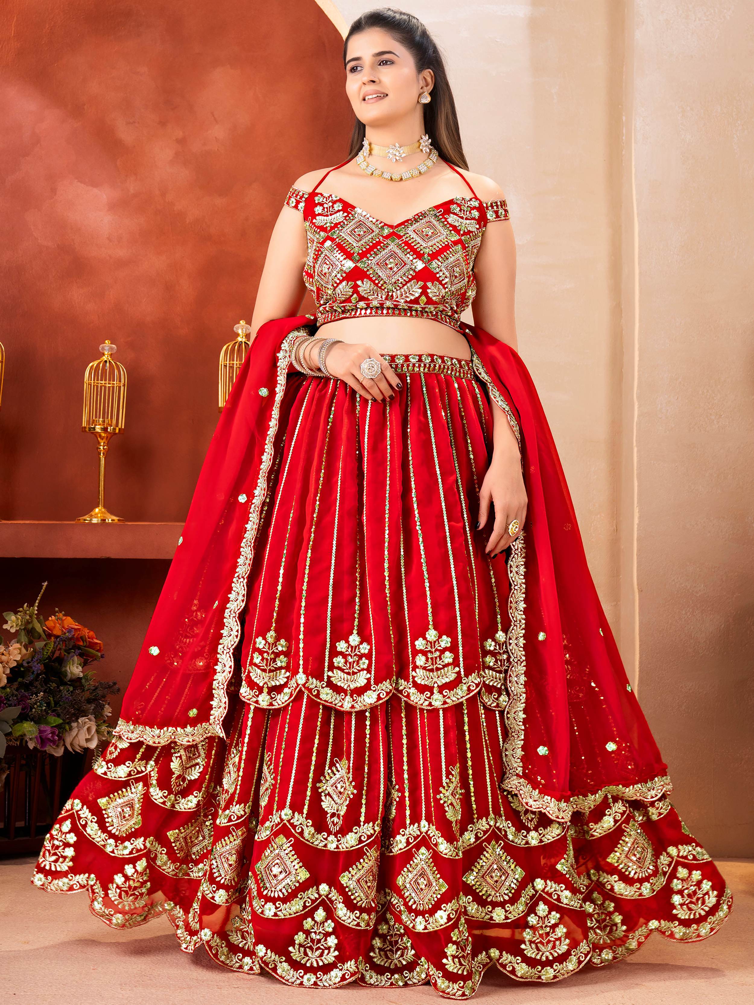 Awesome Red Embroidered Georgette Wedding Wear Lehenga Choli
