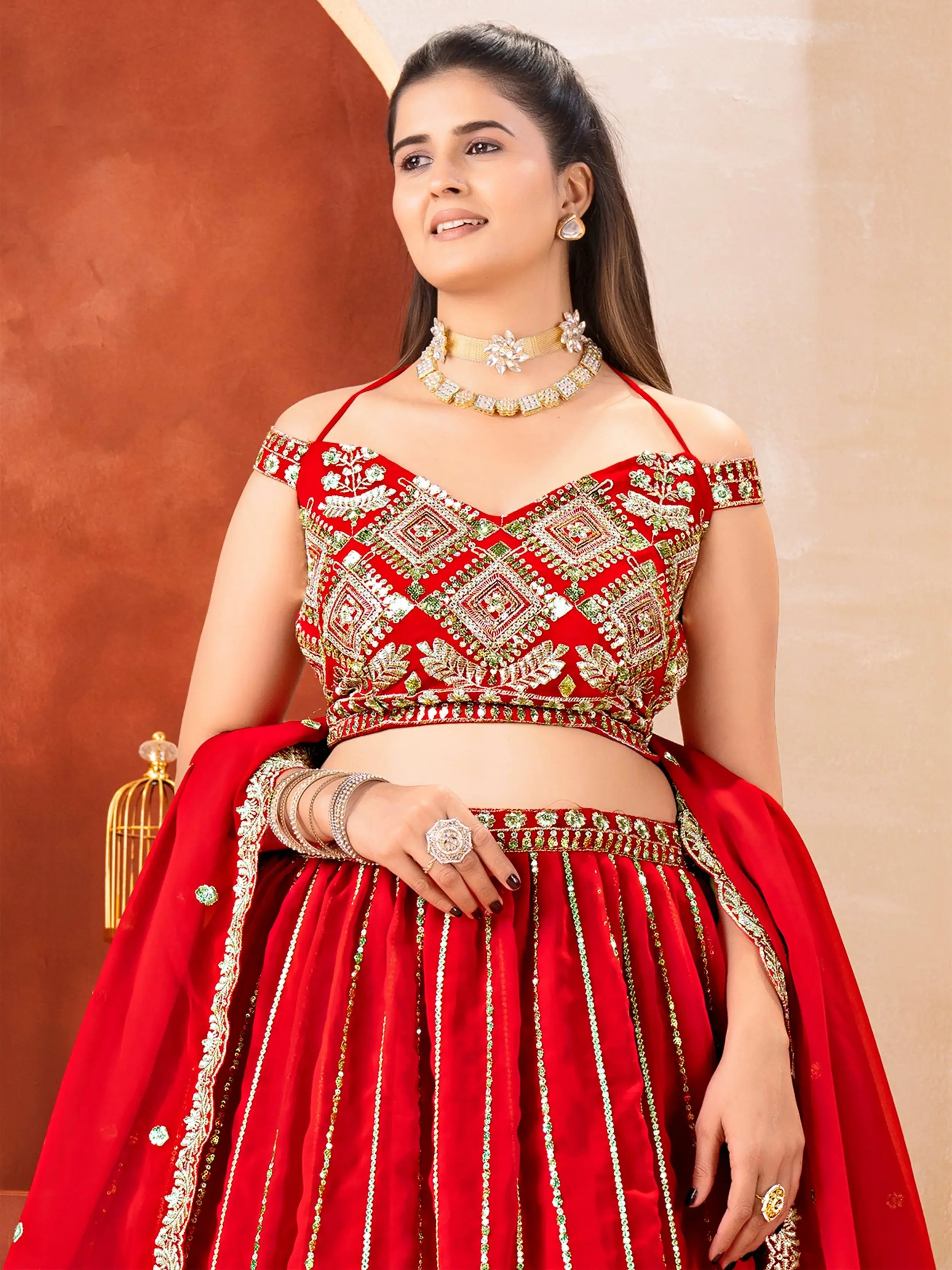 Awesome Red Embroidered Georgette Wedding Wear Lehenga Choli
