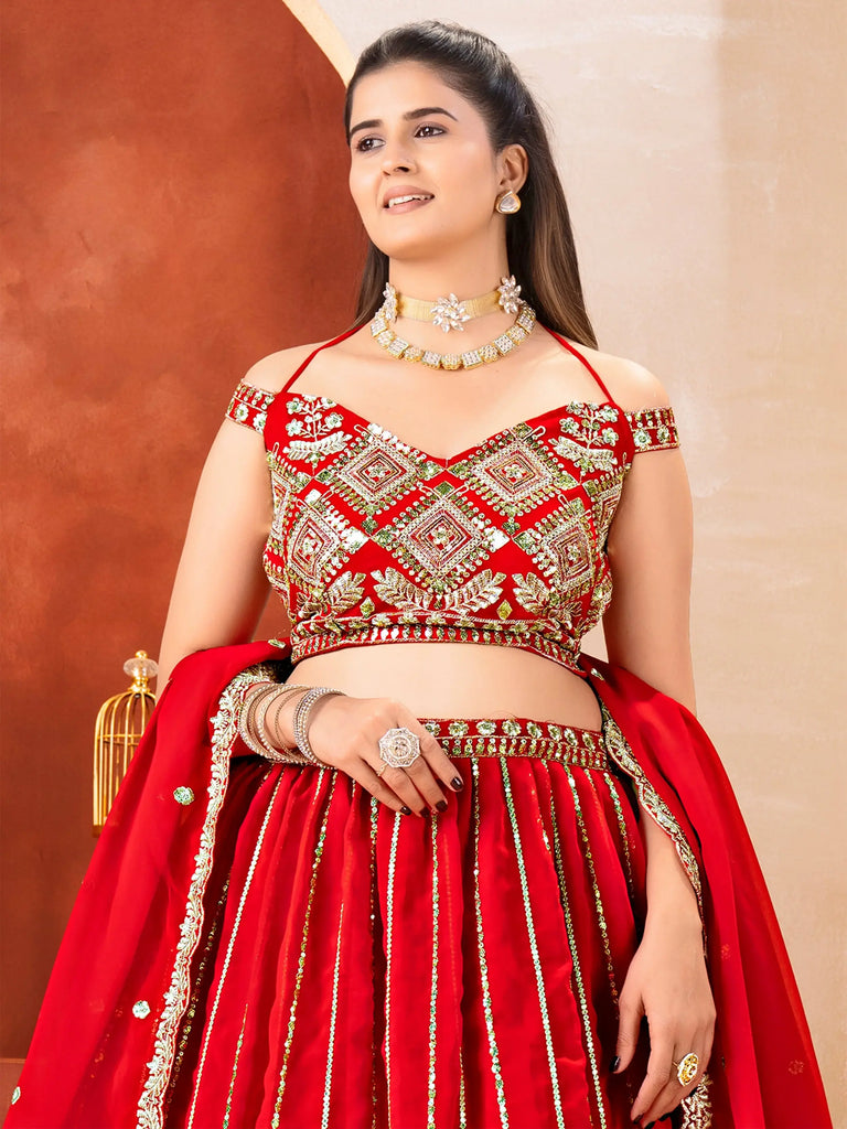Awesome Red Embroidered Georgette Wedding Wear Lehenga Choli