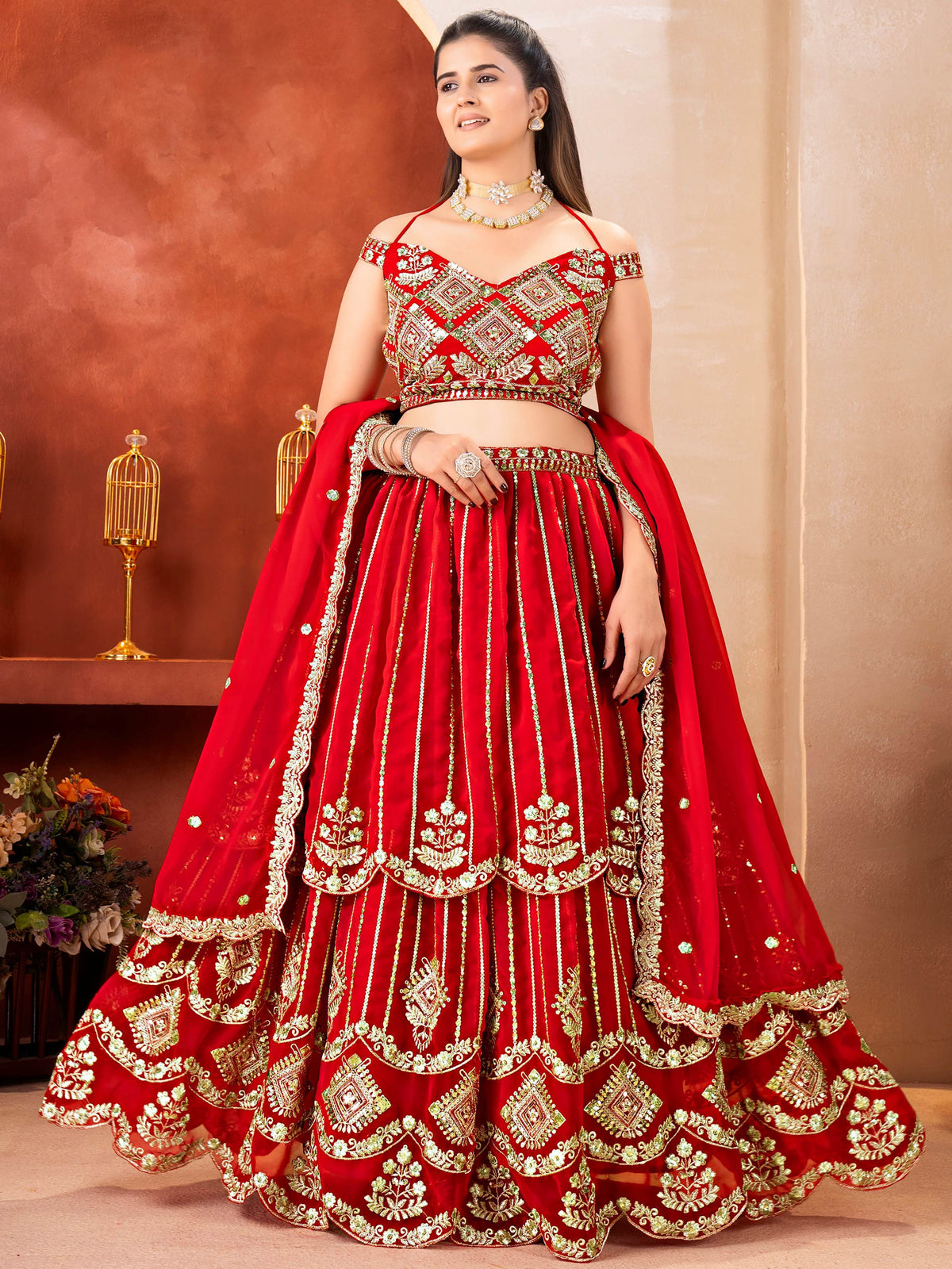 Awesome Red Embroidered Georgette Wedding Wear Lehenga Choli
