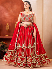 Awesome Red Embroidered Georgette Wedding Wear Lehenga Choli