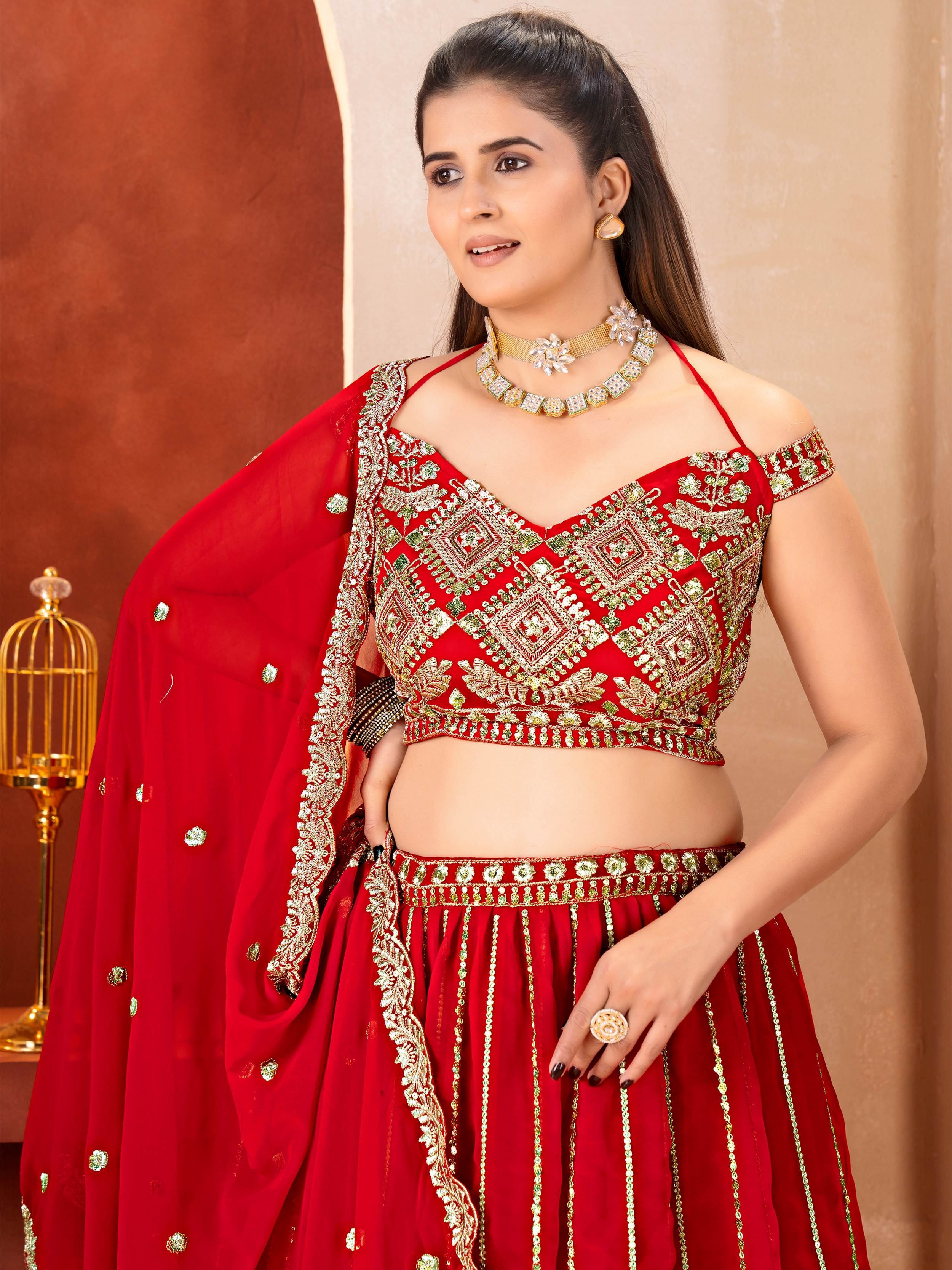 Awesome Red Embroidered Georgette Wedding Wear Lehenga Choli