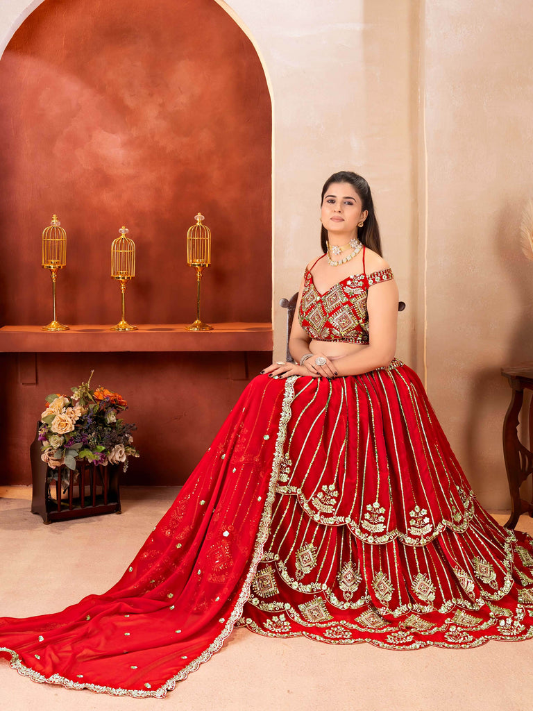 Awesome Red Embroidered Georgette Wedding Wear Lehenga Choli