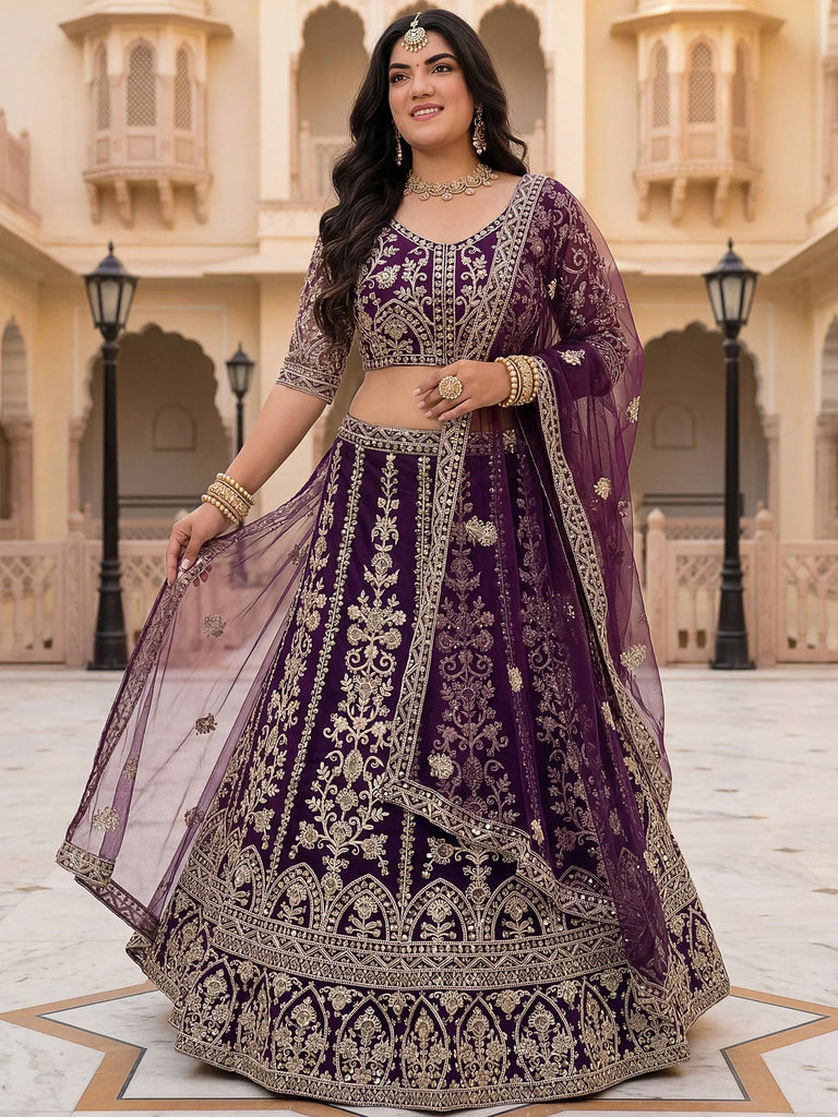 Precious Wine Embroidered Net Engagement Wear Plus Size Lehenga Choli