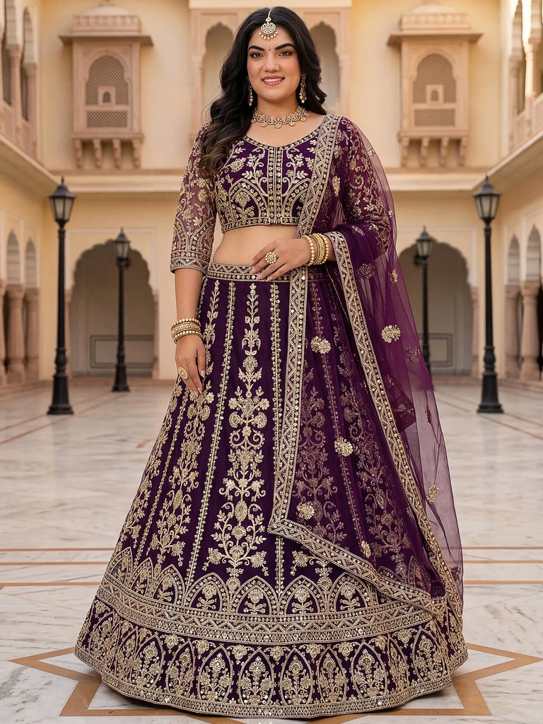 Precious Wine Embroidered Net Engagement Wear Plus Size Lehenga Choli
