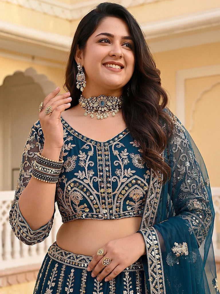 Wonderful Blue Embroidered Net Reception Wear Plus Size Lehenga Choli