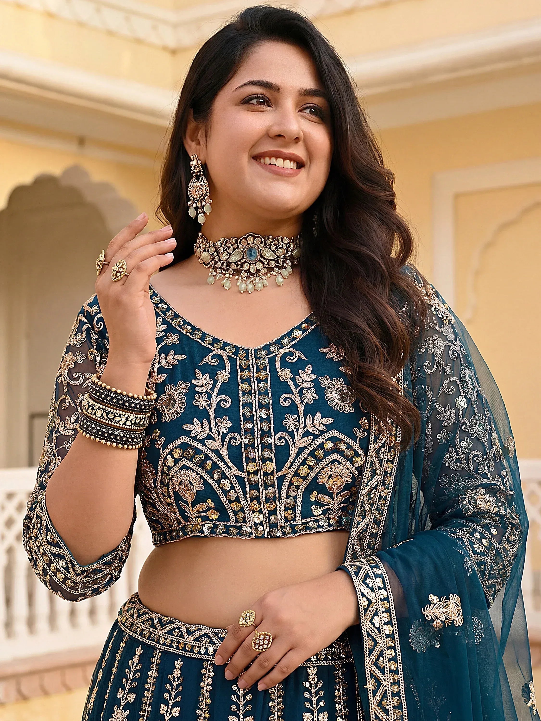 Wonderful Blue Embroidered Net Reception Wear Plus Size Lehenga Choli
