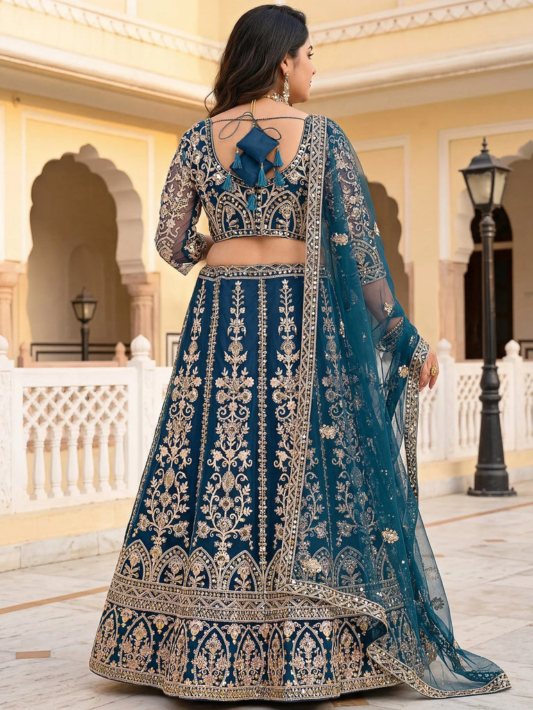 Wonderful Blue Embroidered Net Reception Wear Plus Size Lehenga Choli