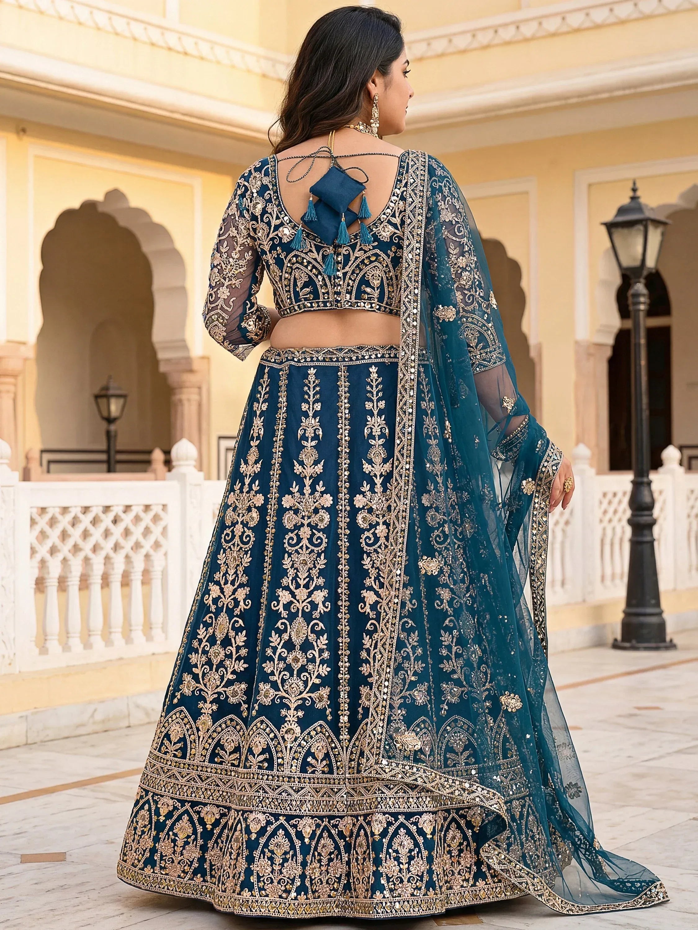 Wonderful Blue Embroidered Net Reception Wear Plus Size Lehenga Choli