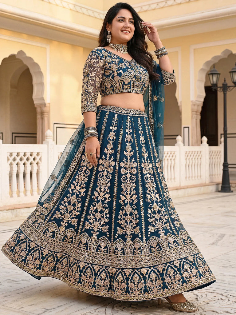 Wonderful Blue Embroidered Net Reception Wear Plus Size Lehenga Choli