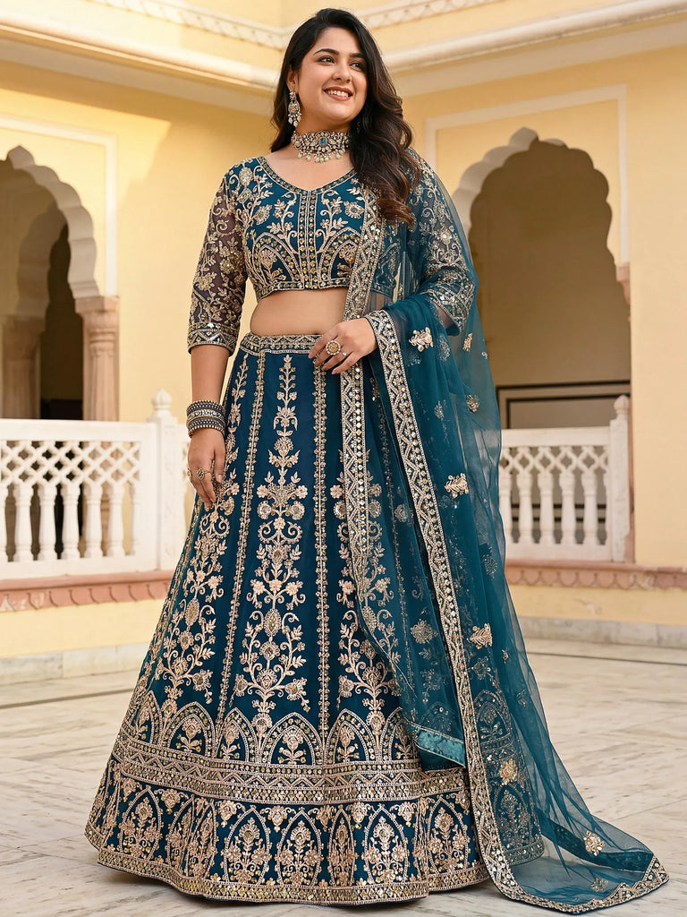 Wonderful Blue Embroidered Net Reception Wear Plus Size Lehenga Choli