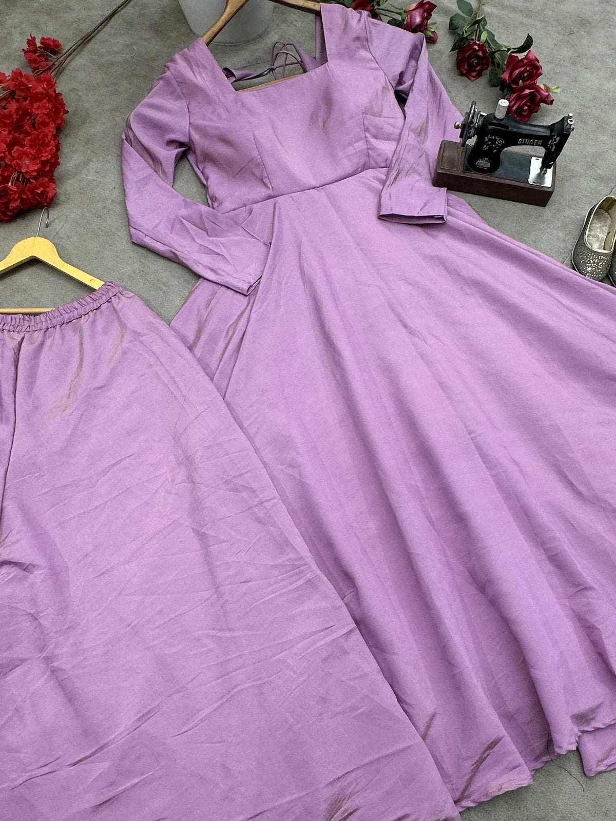 Lavender ethnic gown with matching palazzo, styled with vintage sewing machine and red roses