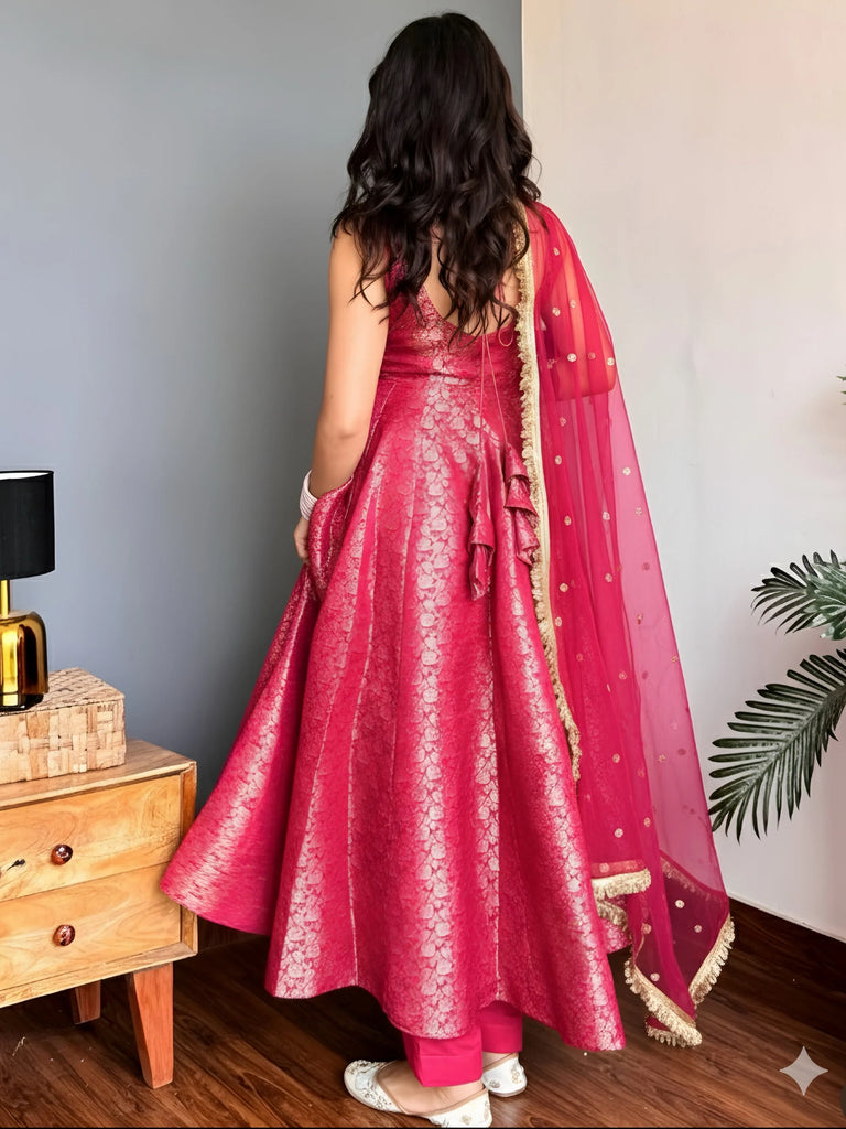 Sparkling Pink Zari Weaving Jacquard Festival Wear Gown With Dupatta