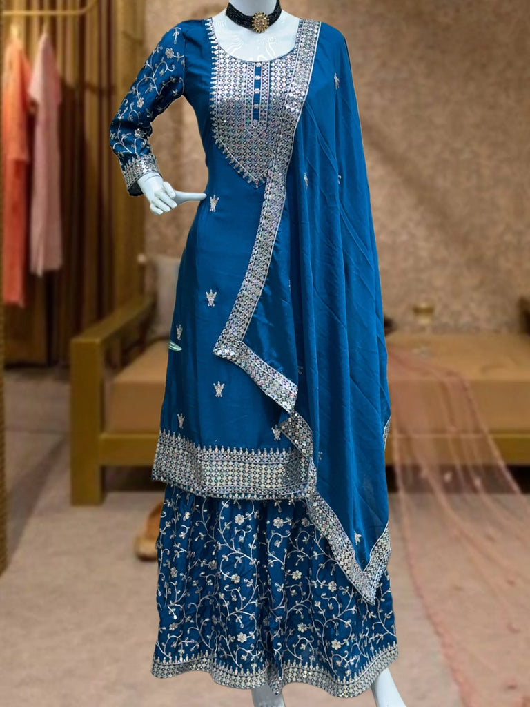 Gorgeous Teal Blue Sequins Chinon Festive Wear Sharara Suit With Dupatta
