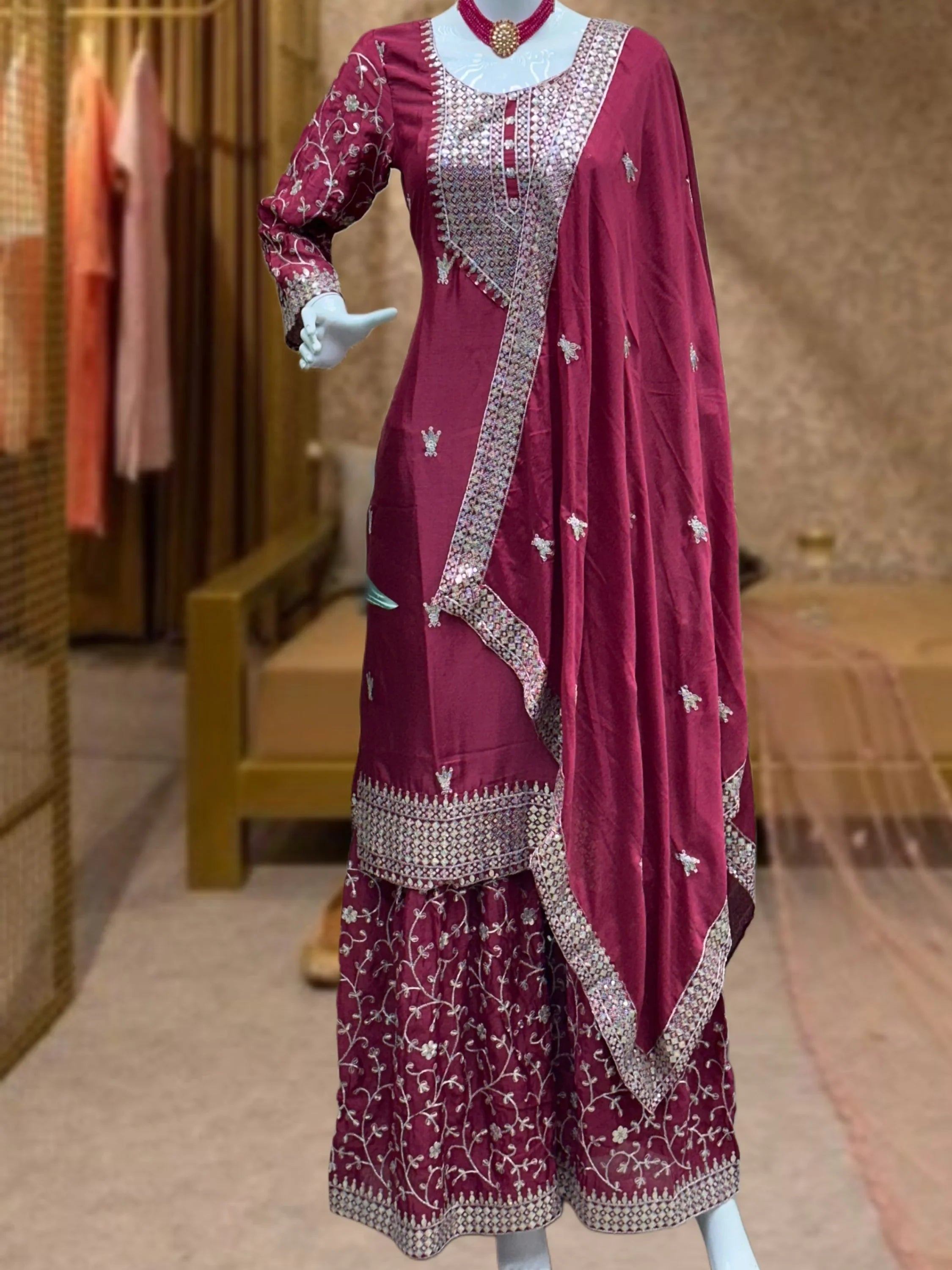 Awesome Maroon Sequins Chinon Wedding Wear Sharara Suit